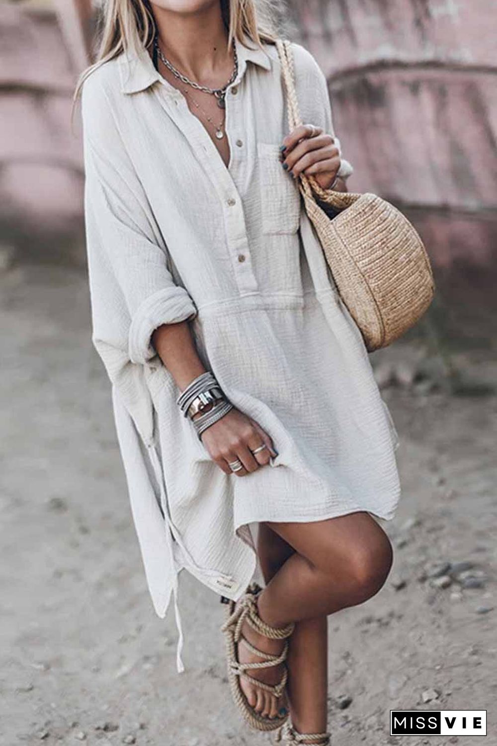 Casual loose V-Neck Cotton And Linen Long Sleeves Mini Dress