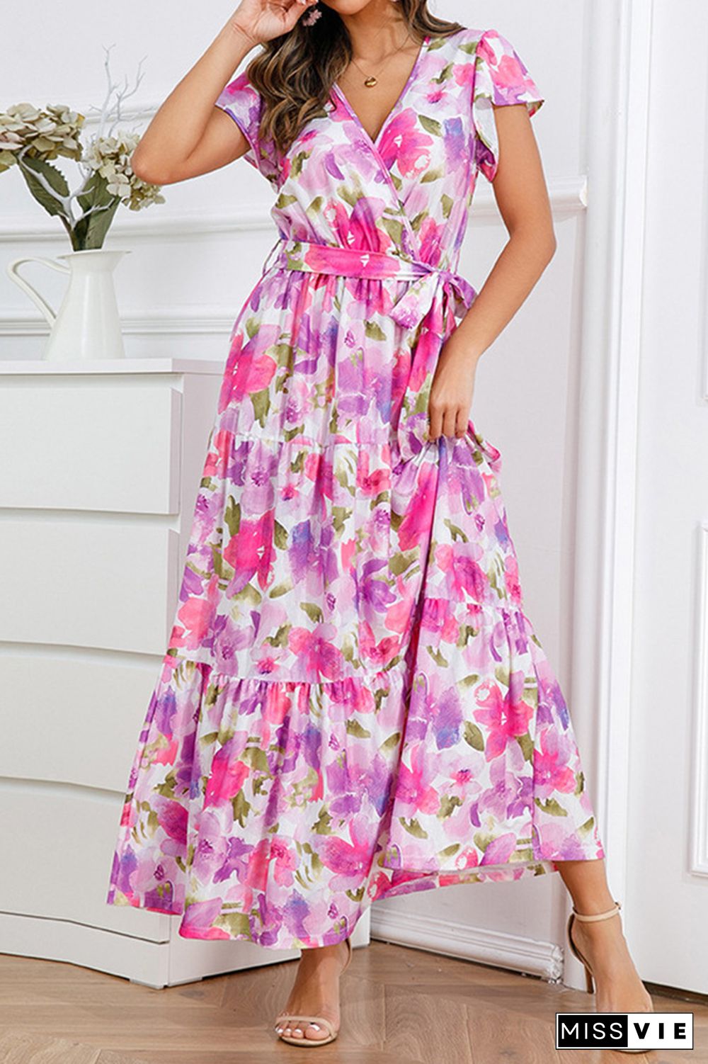 V Neck Flare Sleeves Floral Maxi Dress With Sash