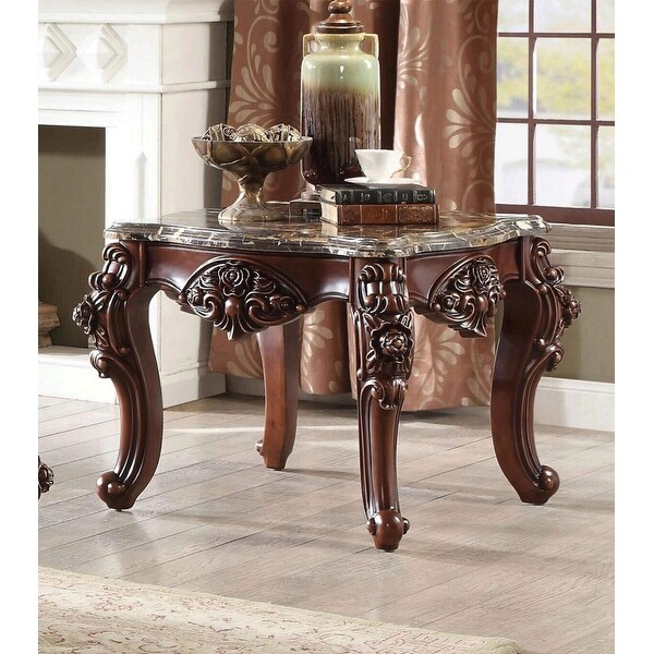 Square Marble End Table with Metal Legs in Walnut Finish