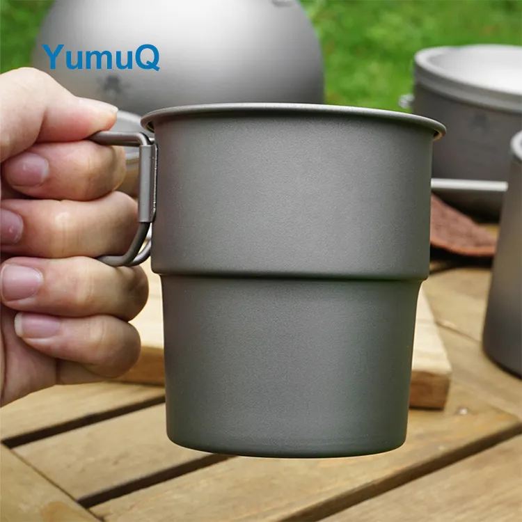 YumuQ 300ml Stackable Pure titanium Outdoor Camping Water Beer Cup With Folding Handle For Travel Hiking