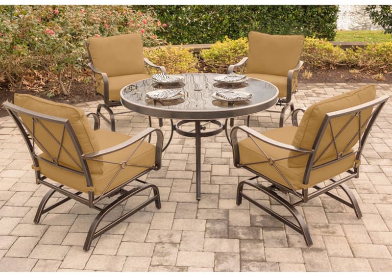 Hanover Summer Nights 5-Piece Outdoor Dining Set In Tan With 4 Steel Rockers and 48 Glass Table