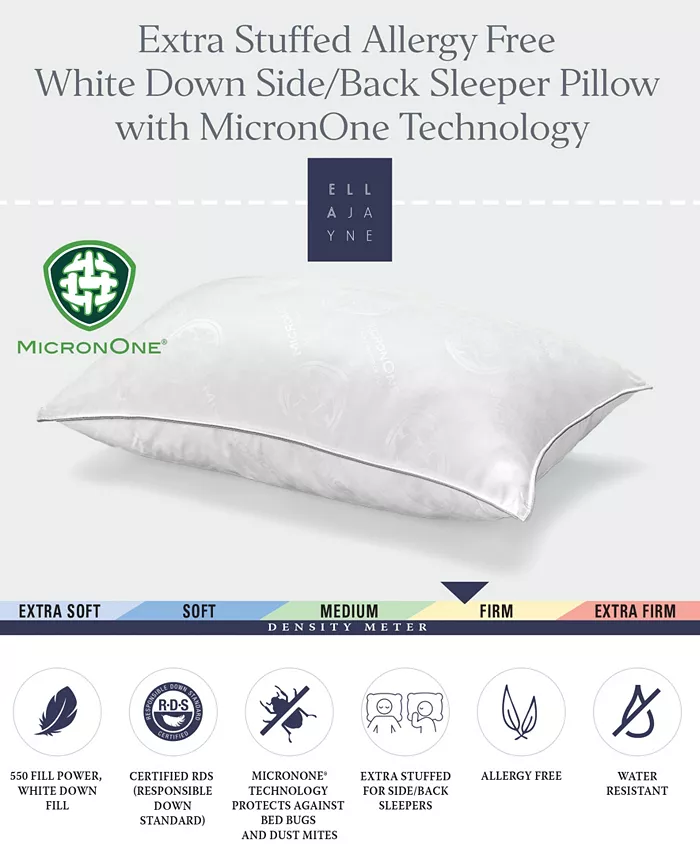 Ella Jayne White Down Firm Pillow， with MicronOne Technology， Dust Mite， Bedbug， and Allergen-Free Shell， Standard