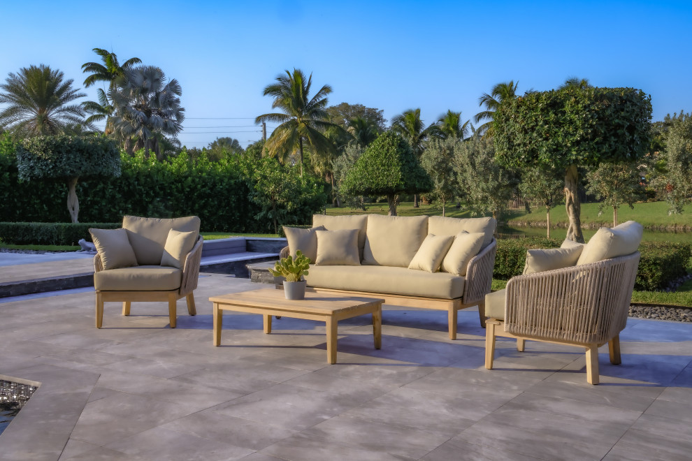 Eve 4 Piece Patio and Backyard Wood  Aluminum and Rope Conversation Set  Gray   Beach Style   Outdoor Lounge Sets   by Outsy  Houzz