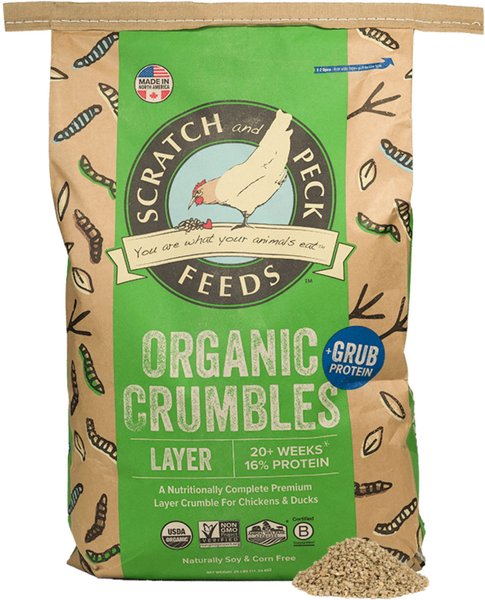 Scratch and Peck Feeds Organic Chicken， Ducks， and Waterfowl 16% Crumbles and GRUB Protein Layer Feed， 25-lb bag