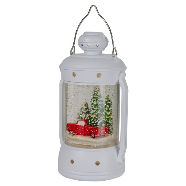 White Lantern Christmas Snow Globe With Red Truck And Trees