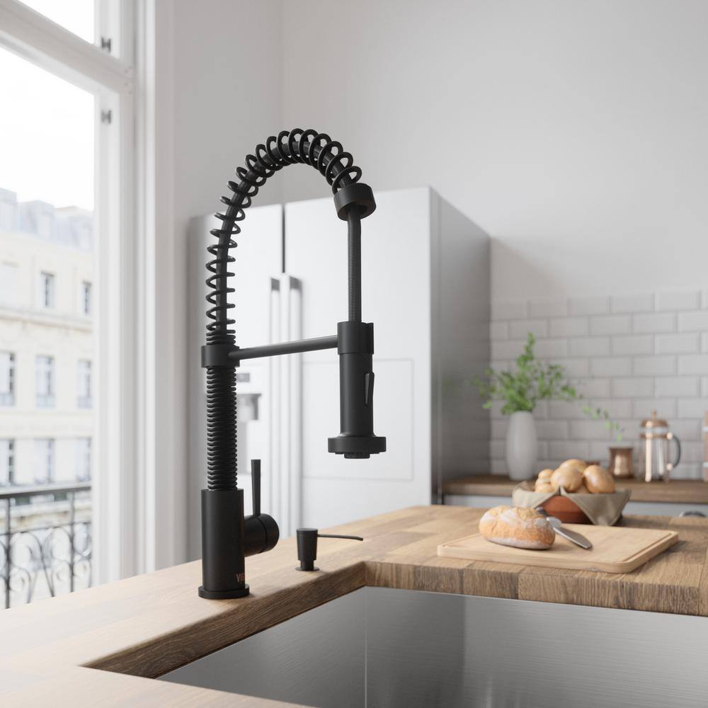 VIGO Edison Single Handle Pull-Down Sprayer Kitchen Faucet Set with Soap Dispenser in Matte Black VG02001MBK2