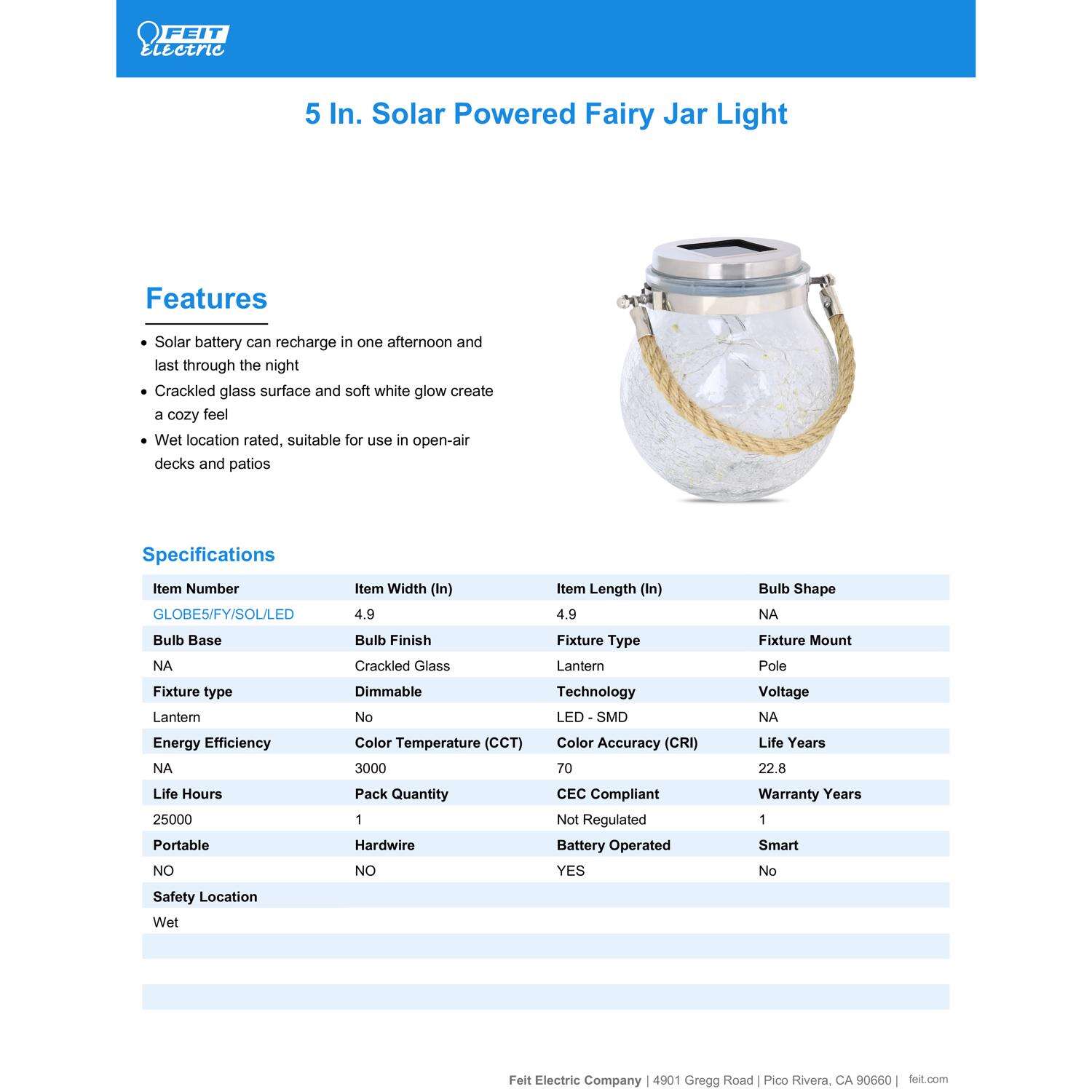 Feit Solar Fixtures 5 in. Solar Power Glass Round Crackle Jar w/Fairy Lights Bronze