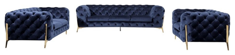 Divani Casa Quincey Transitional Velvet Fabric Upholstered Sofa Set in Blue   Midcentury   Living Room Furniture Sets   by Homesquare  Houzz