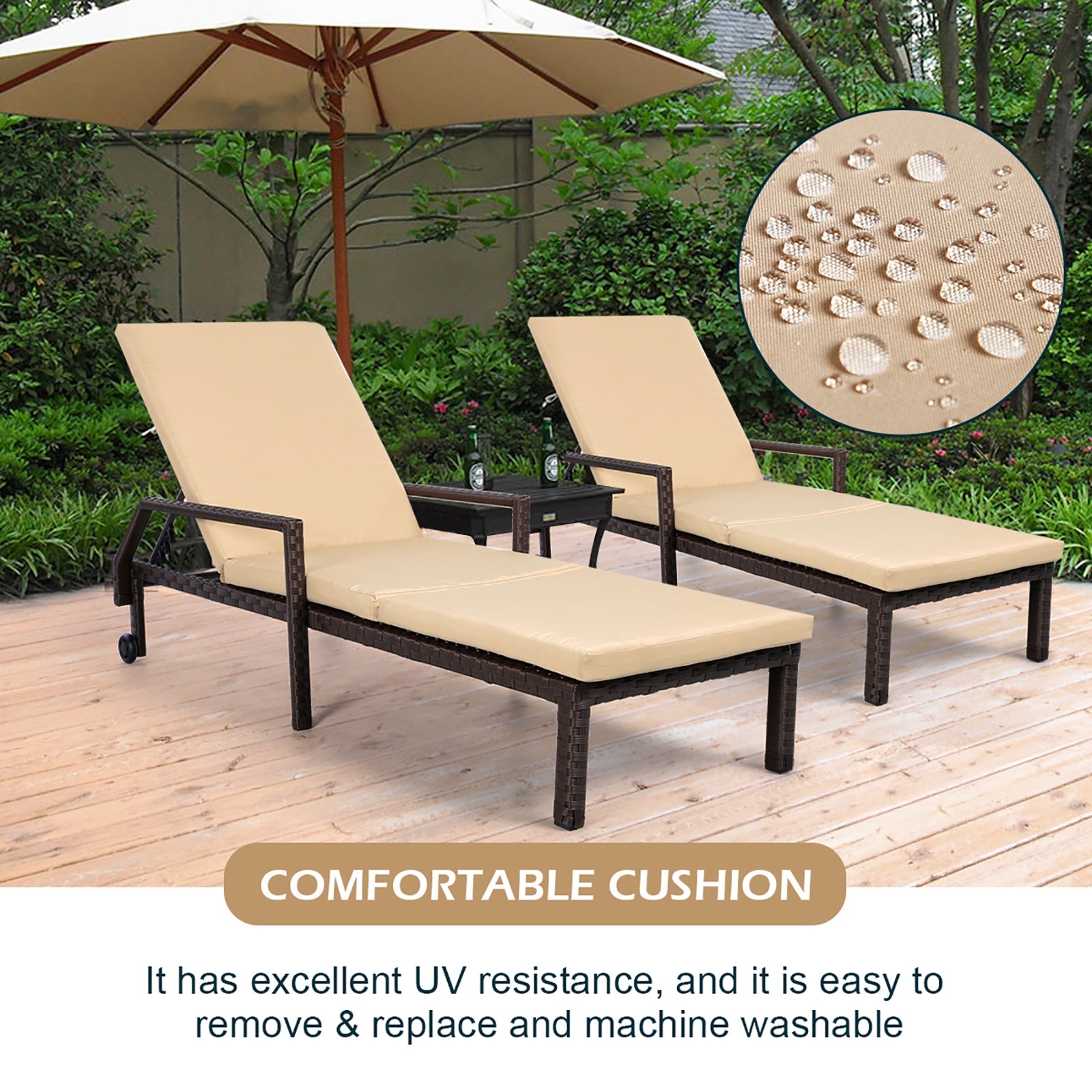 YODOLLA Adjustable Outdoor Chaise Lounge Chair Rattan Wicker Patio Lounge Chair Set of 2 with Cushion and Wheels for Lawn Beach Pool Backyard, Brown