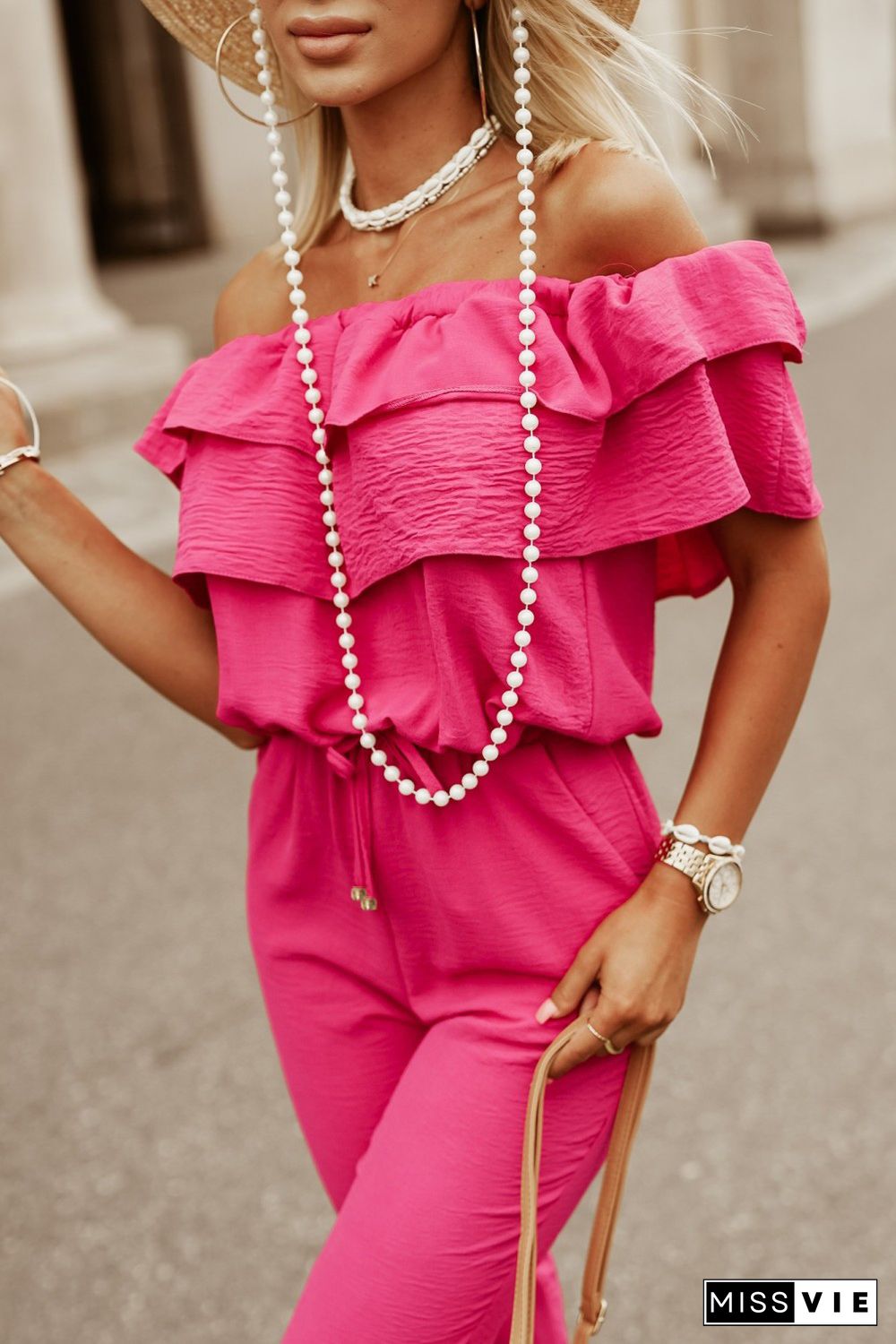 Rose Ruffled Off Shoulder Jogger Jumpsuit