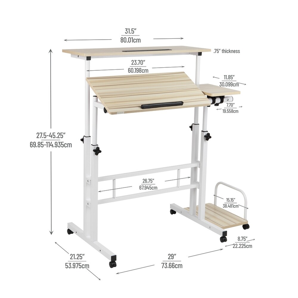 Mind Reader Woodland Collection  Mobile Sit/Stand Desk  Height Adjustable  Tiltable  Lockable Casters