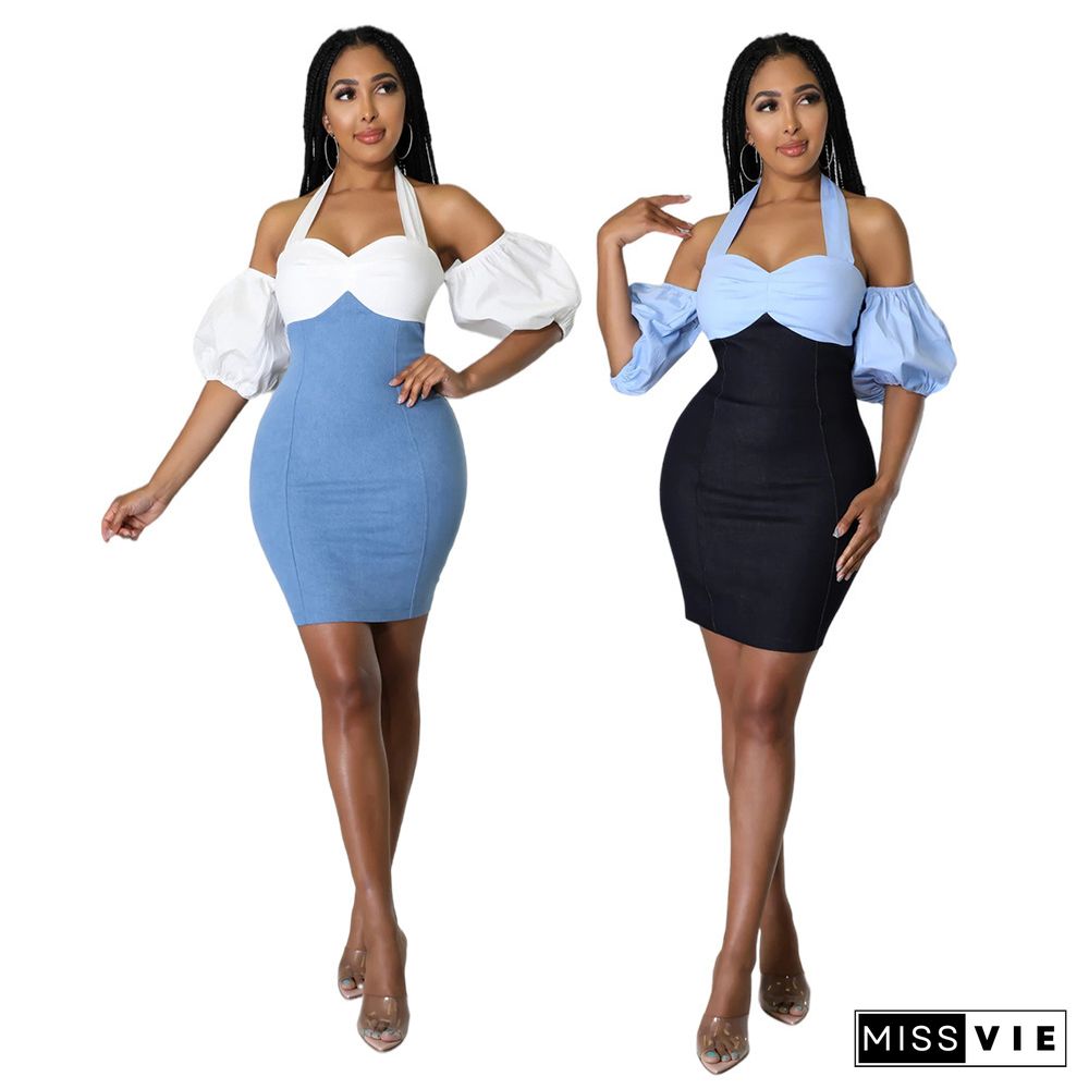 Halter-neck Paneled Denim Off-the-shoulder Dress