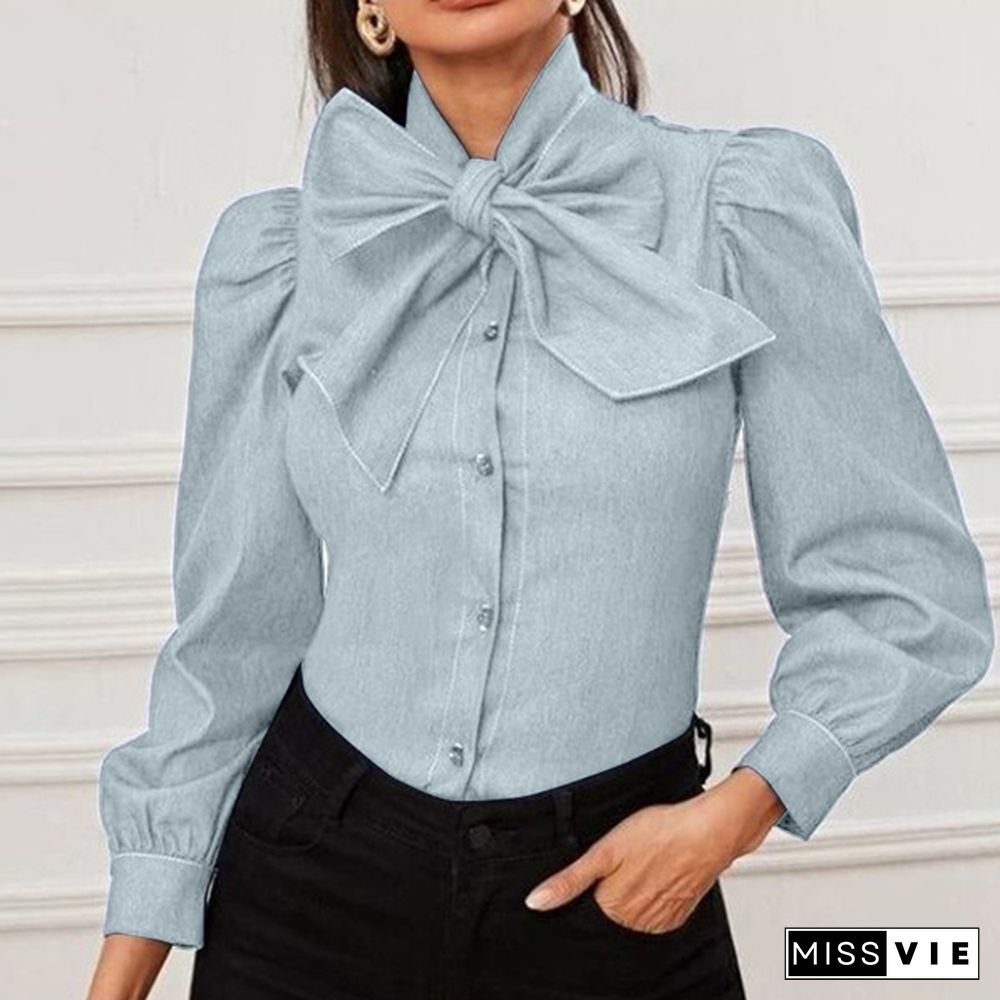 Women Long Sleeve Shirt Elegant Blouse Tunic Bow Tie Denim T-Shirts Plus Size