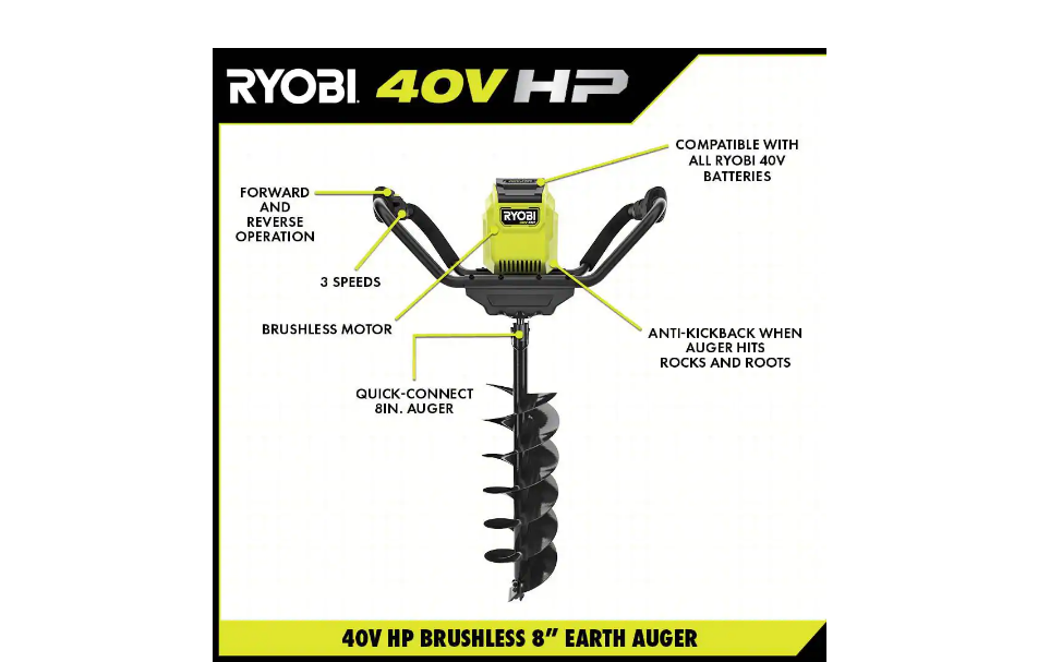 RYOBI RY40701BTLVNM 40V HP Brushless Cordless Earth Auger with 8 in. Bit (Tool Only)