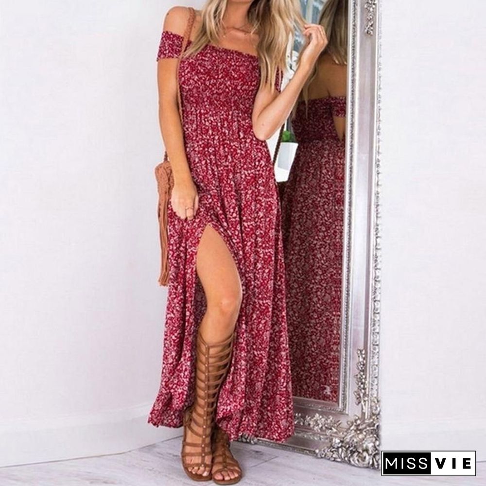 Women Summer Sexy Floral print off shoulder Beach Bohemian Chiffon Dress