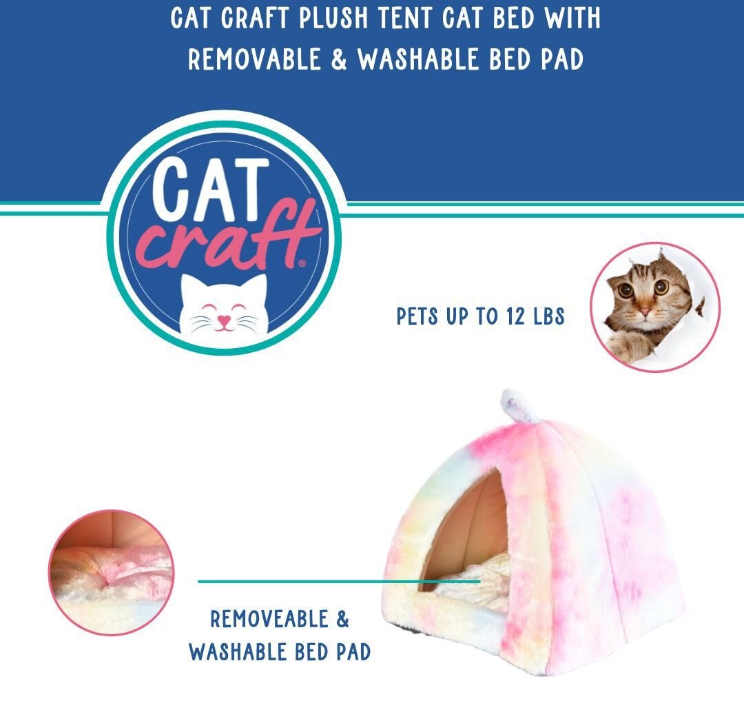 Cat Craft Plush Tent Cat Bed with Removable Cover， Pastel Tie Dye， Medium