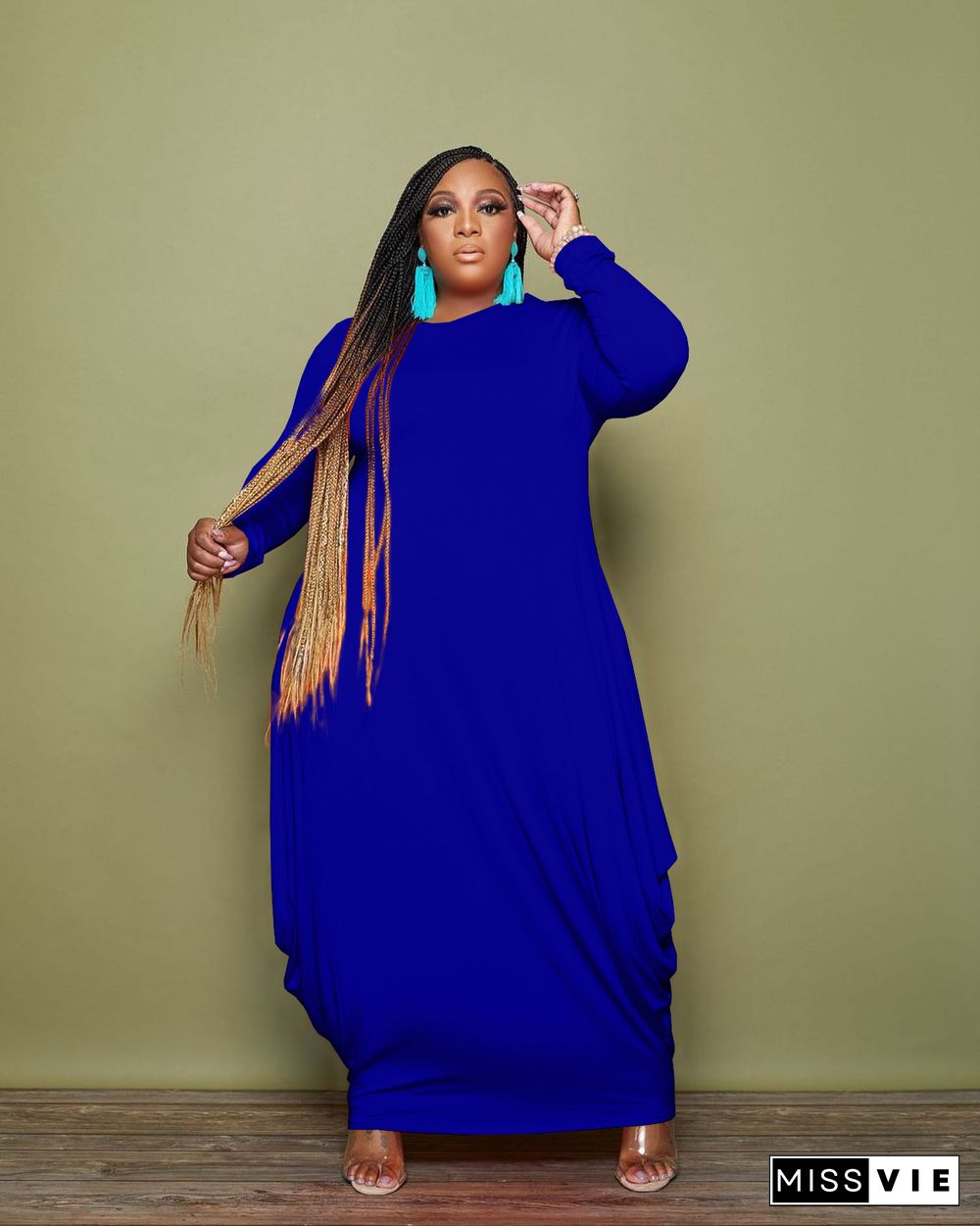 Solid Long Sleeve Irregular Plus Size Maxi Dress