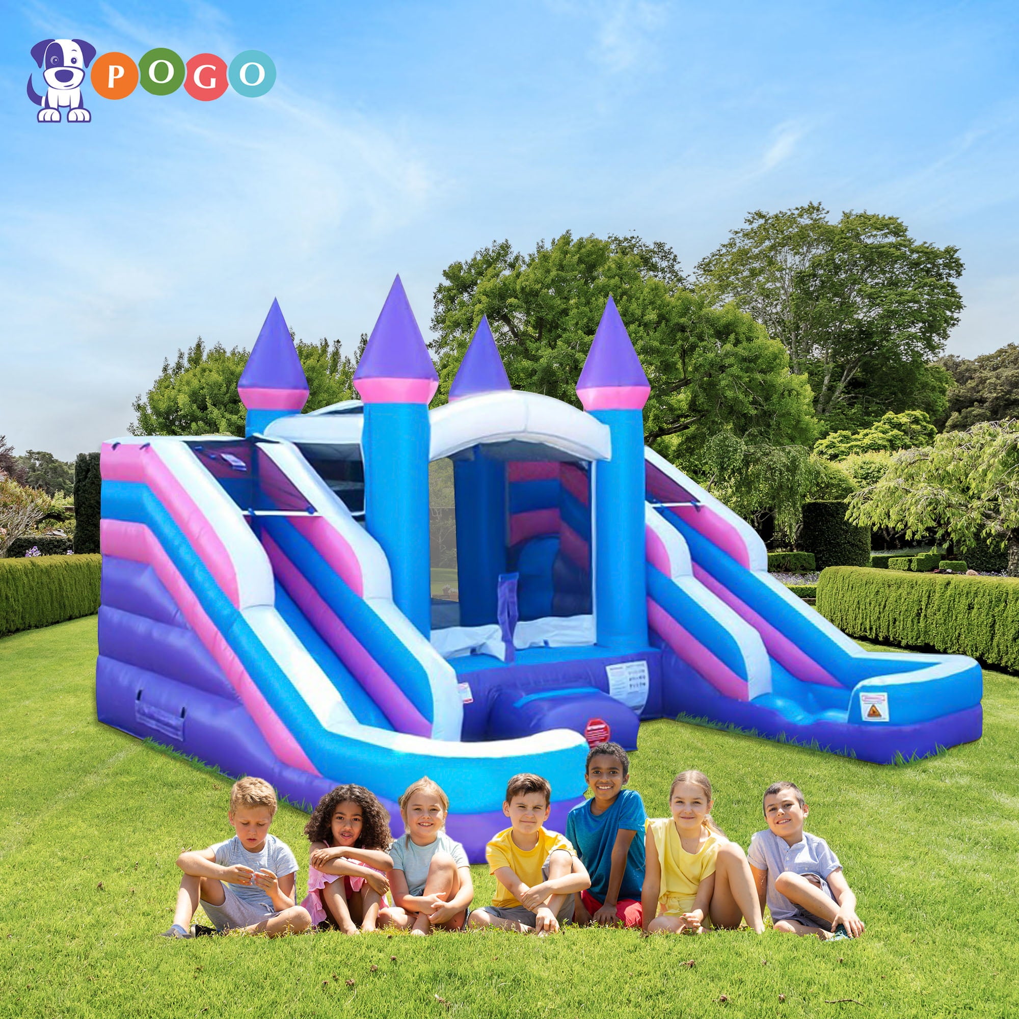 Pogo Bounce House Crossover Double Water Slide Bounce House Combo, Pink, No Blower