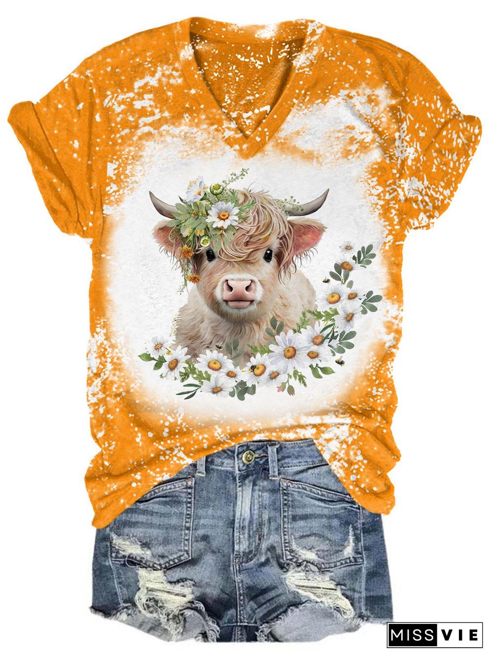 Daisy Highland Cow Tie Dye V Neck T-Shirt