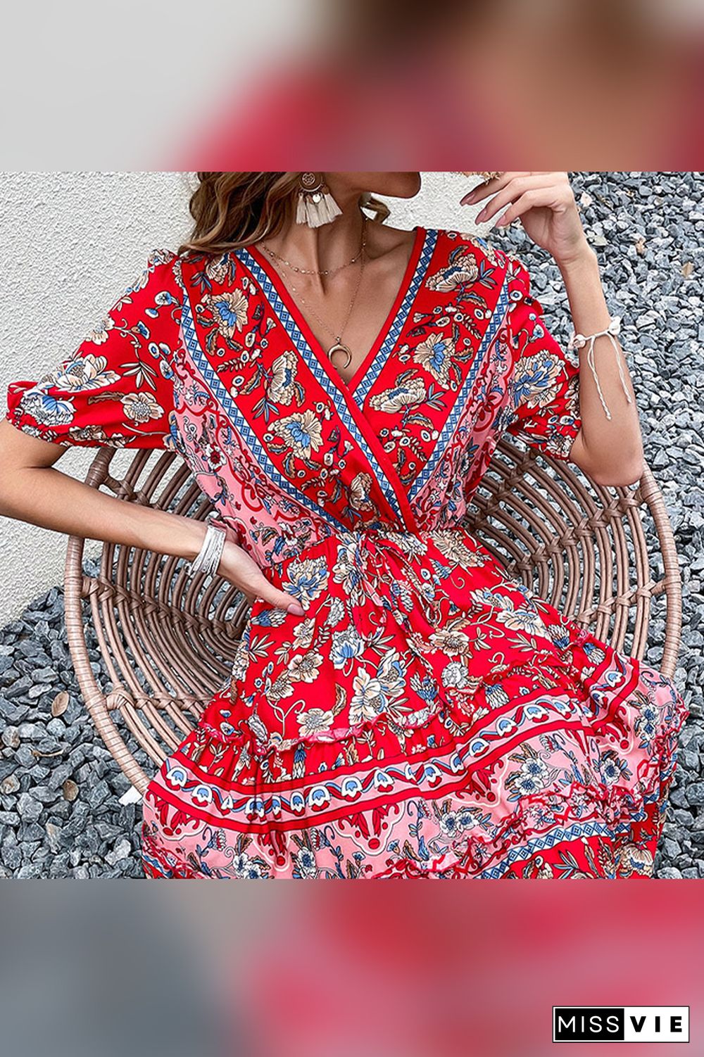 Floral Print Crisscross V-neck Waisted Dress Wholesale