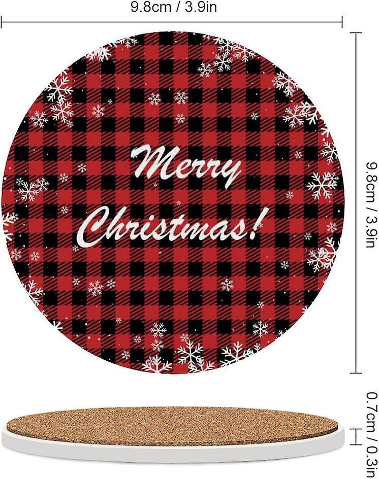 4pcs Round Merry Christmas At Buffalo Plaid Ceramic Coasters With Cork-backed For Coffee Drink Cup Mat Absorbent Stone Coasters