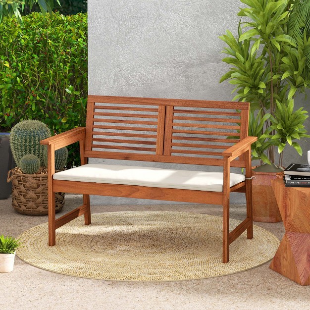 Costway Patio Bench Outdoor Solid Wood Loveseat Chair With Backrest amp Cushion Porch Garden