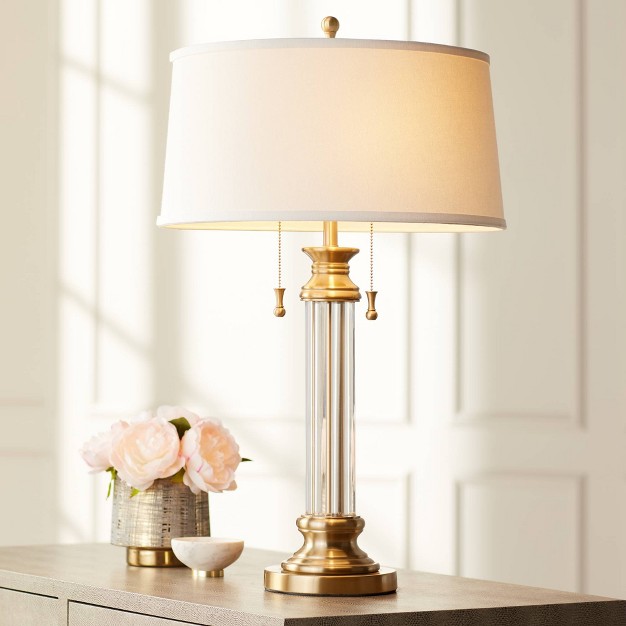 Tall Crystal Brass Column Off White Tapered Drum Shade For Bedroom Living Room Bedside Office