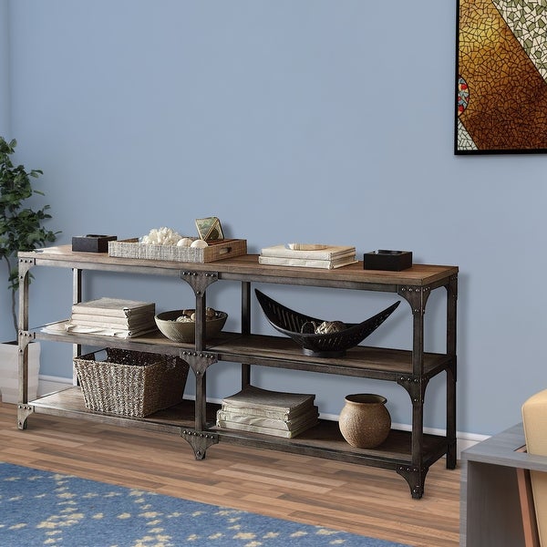 Table With 4 Shelves， Weathered Oak and Antique Silver- Saltoro Sherpi