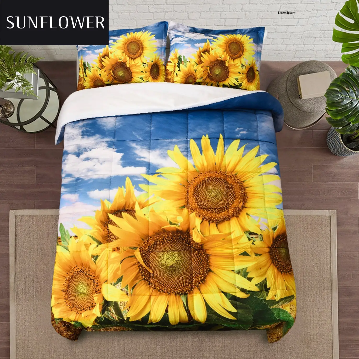 3D Print Sunflower Box Stitched Lightweight All Season Comforter Set