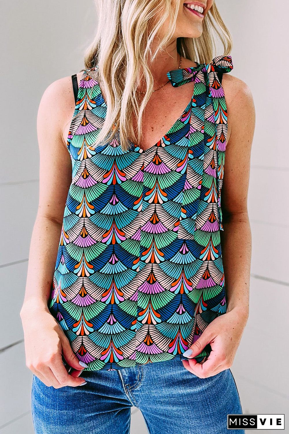 Blue Printed Knotted Shoulder Tank Top