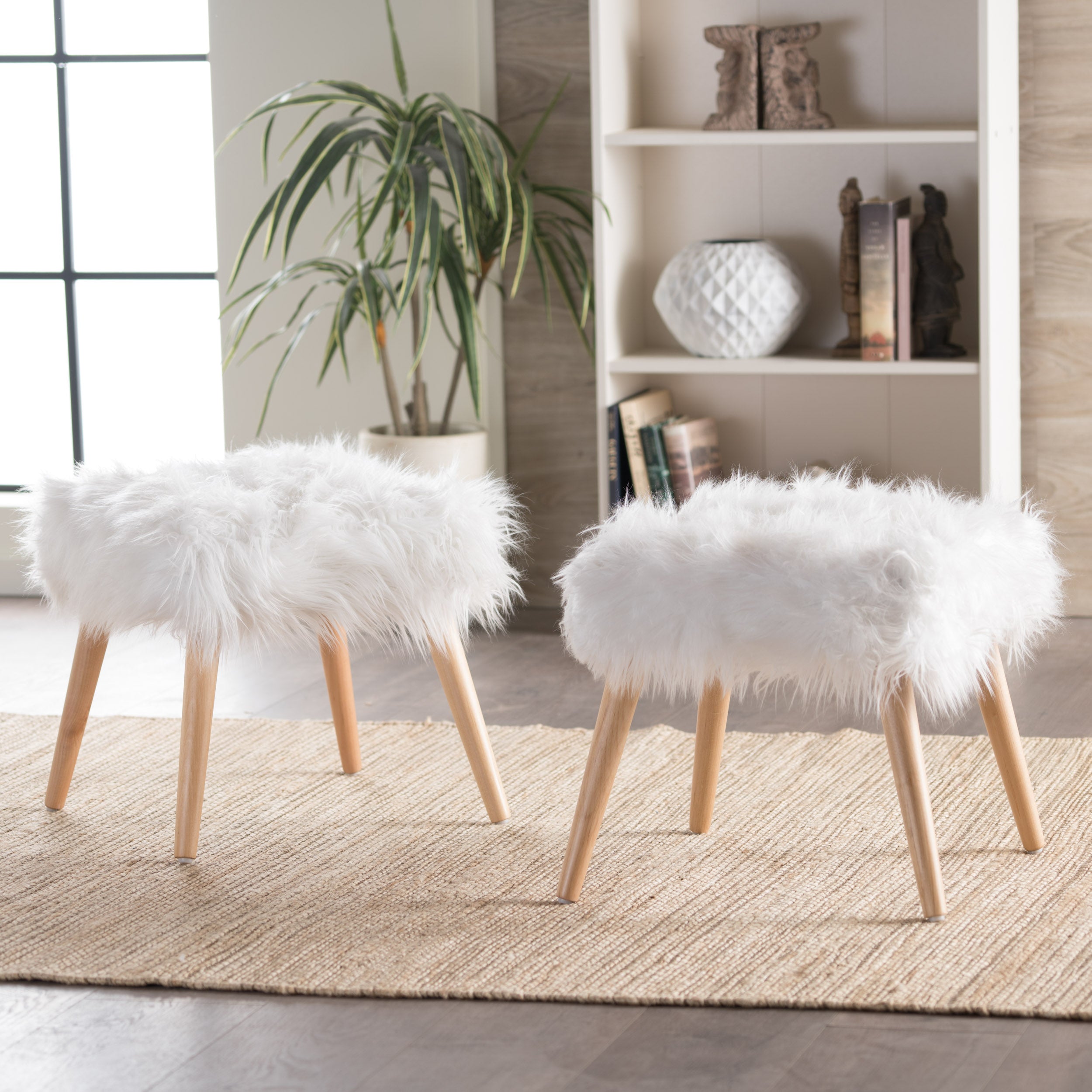 Hudson Glam Boho Faux Fur Ottoman Stool (Set of 2)