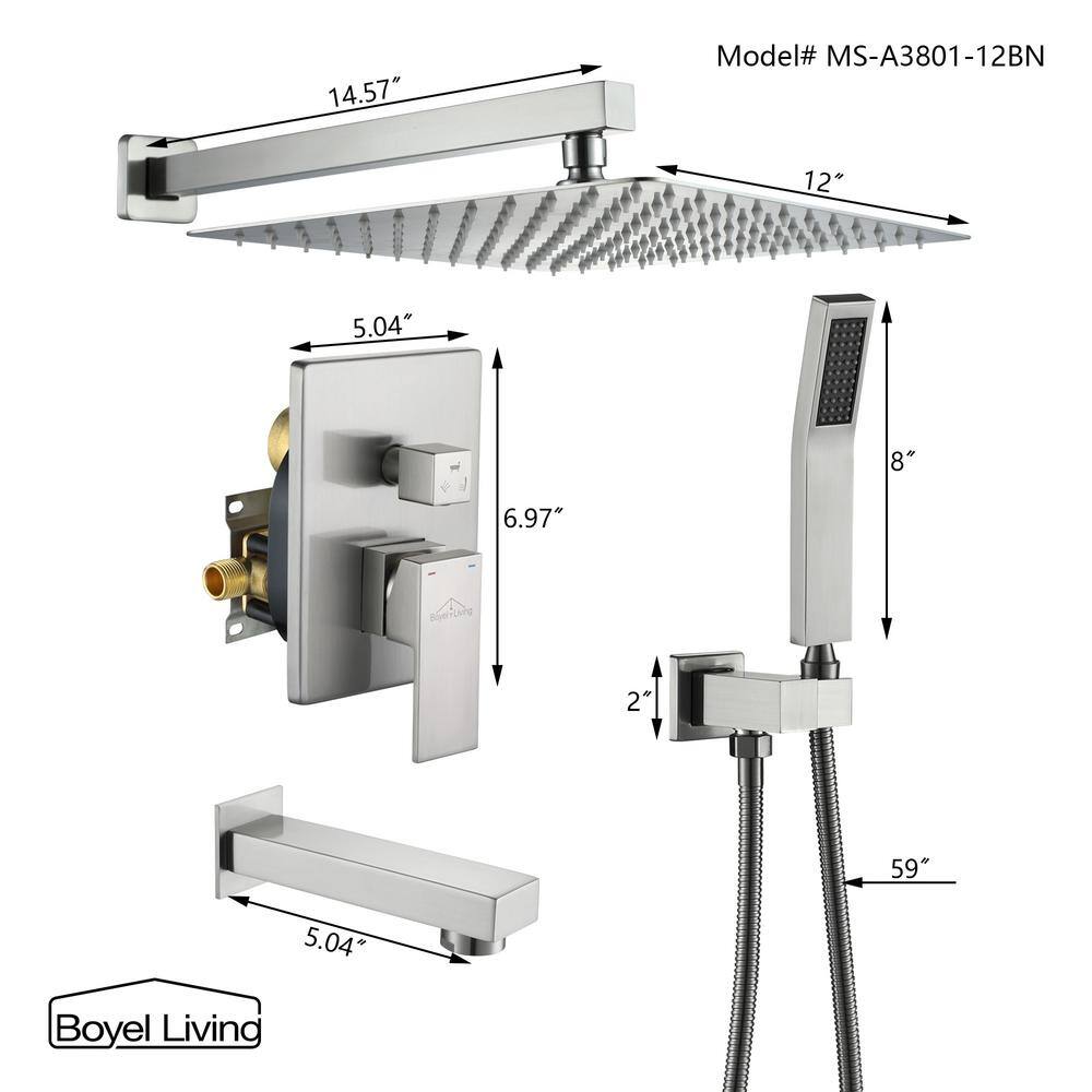 Boyel Living 1-Spray Patterns with 2.5 GPM 12 in. Square Wall Mount Dual Shower Heads with Pressure Balance Valve in Brushed Nickel MS-BL-A3803-2BN