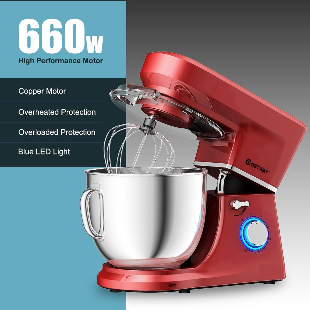 Costway 660W 7.5 qt. . 6-Speed Red Stainless Steel Stand Mixer with Dough Hook Beater EP24647RE