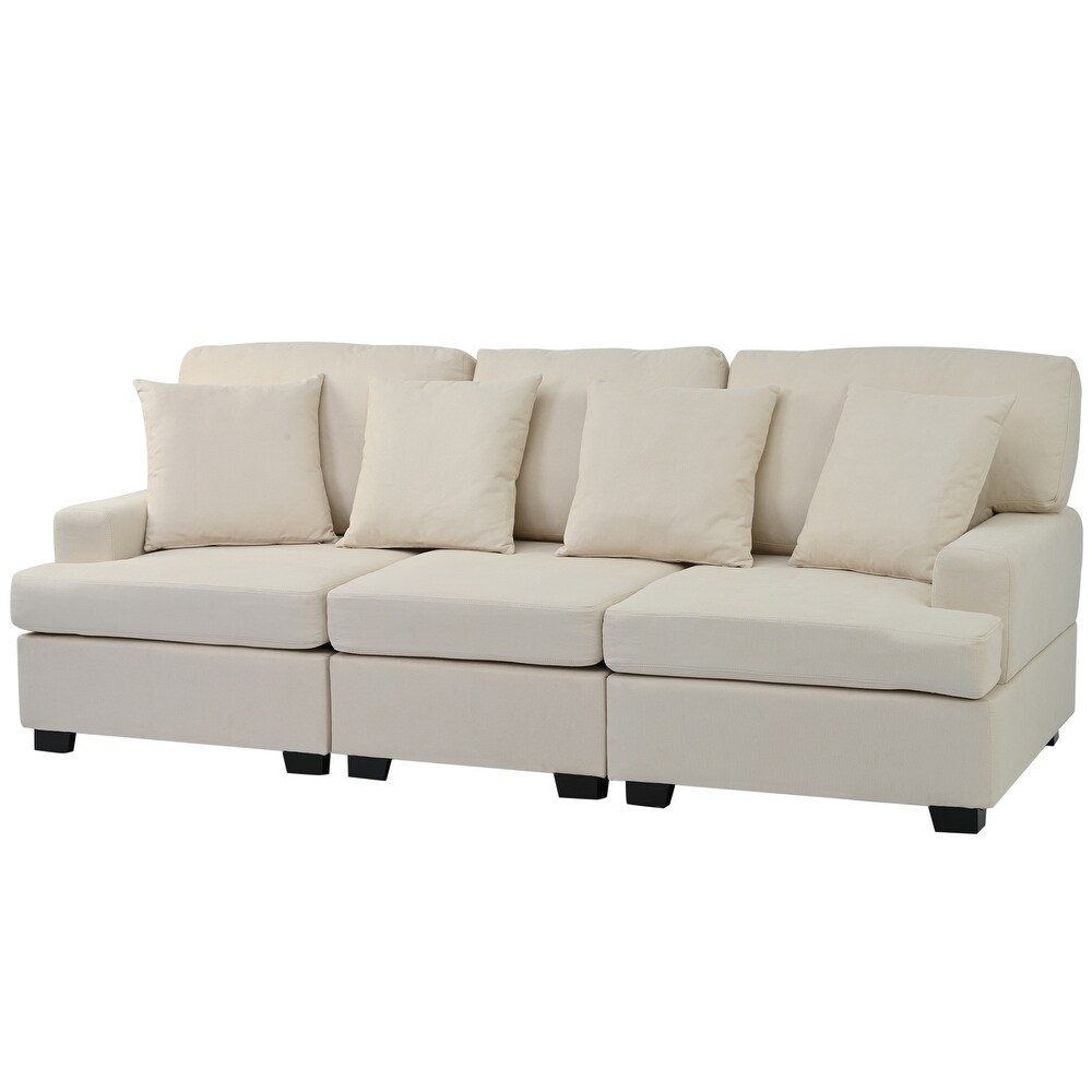 Straight Row Sofa w/ Pillows  Livingroom Linen Fabric Couch  Beige