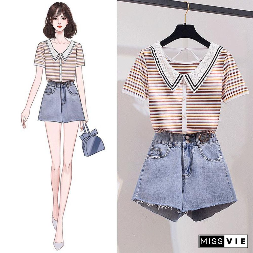 Stripe Lapel Tee+Denim Shorts P15530