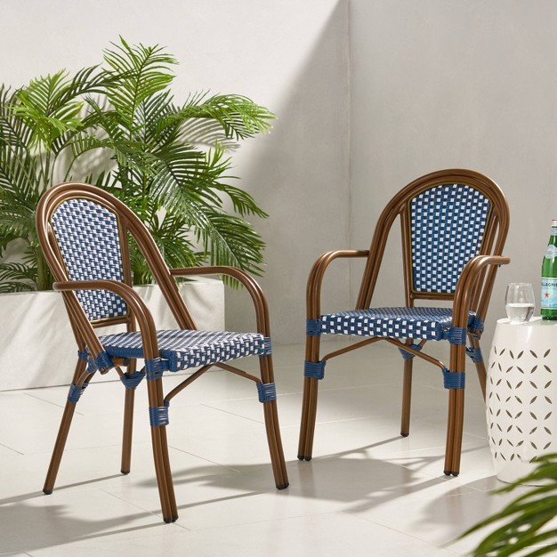 2pk Brianna Outdoor French Bistro Chairs Navy white Christopher Knight Home