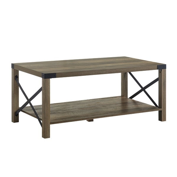 1 Open Shelf Wood Coffee Table with X Metal Base in Rustic Oak and Black