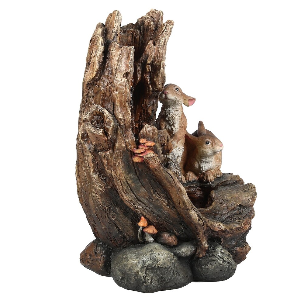 Resin Two Bunnies Tree Stump Outdoor Fountain with LED Lights