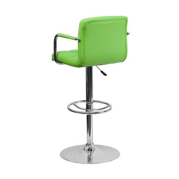 Offex Contemporary Green Quilted Vinyl Adjustable Height Bar Stool With Arms And Chrome Base