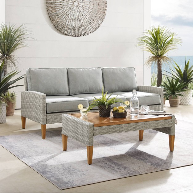 Capella Outdoor Wicker 2 Pc Sofa And Coffee Table Set Gray acorn Crosley