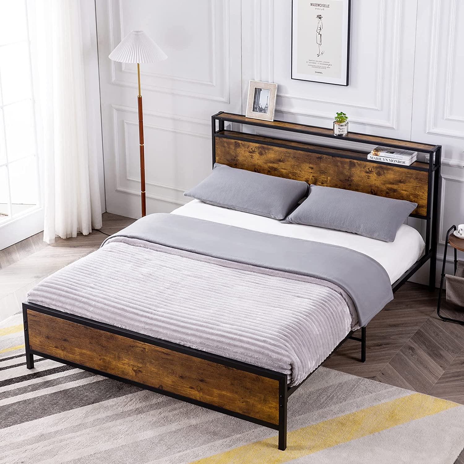 Reliancer Queen Bed Frame, Platform Bed with 2-Tier Storage Headboard, Solid and Stable, Noise Free, No Box Spring Needed, Easy Assembly