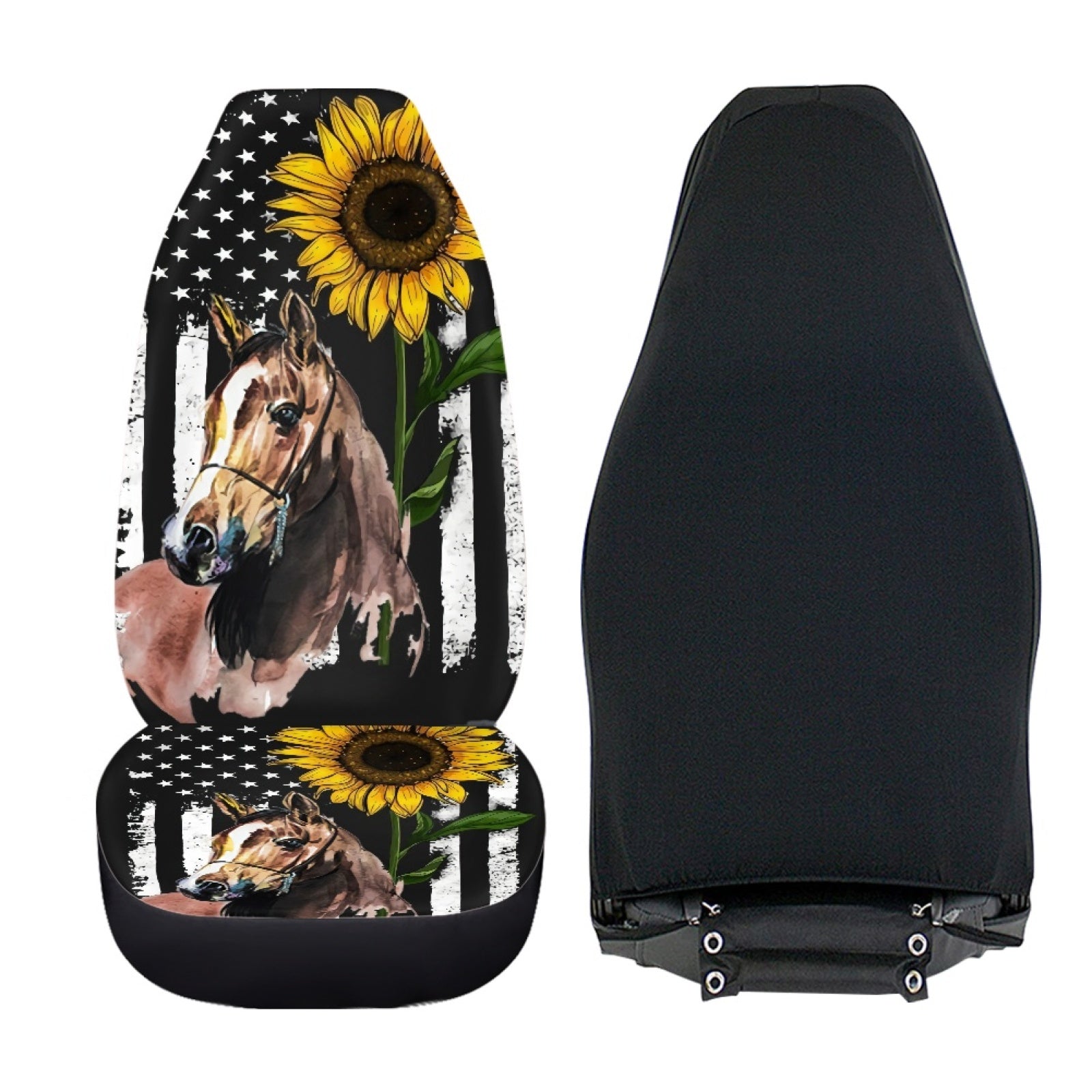 Xoenoiee Car Seat Covers Front Seat Only， Horse Sunflower American Flag Print Auto Bucket Seat Protectors Universal Fit Cover for Most Vehicle， Sedan， Pickup Truck， Van