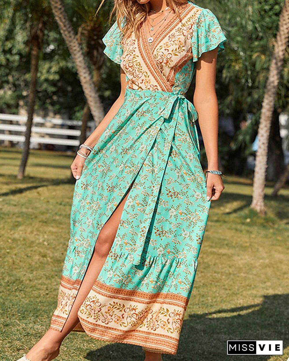 Casual Vintage Boho V-Neck Print Dress