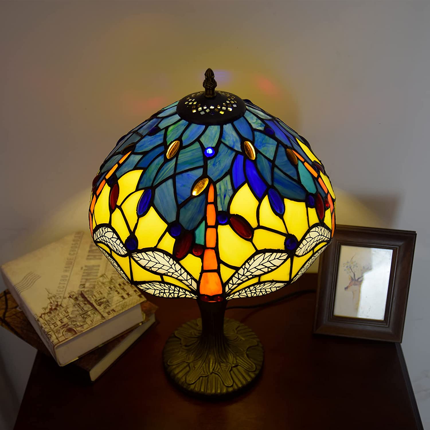 SHADY  Lamp Stained Glass Lamp Yellow Blue Dragonfly Bedroom Table Lamp Reading Desk Light for Bedside Living Room Office Dormitory Dining Room Decorate  12x12x18 Include Light Bul