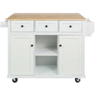 White Wood 53 in. W Kitchen Island Cart with Drop Leaf 2-Storage Cabinets 3-Drawers and Storage Rack LN0207MI-CART-1