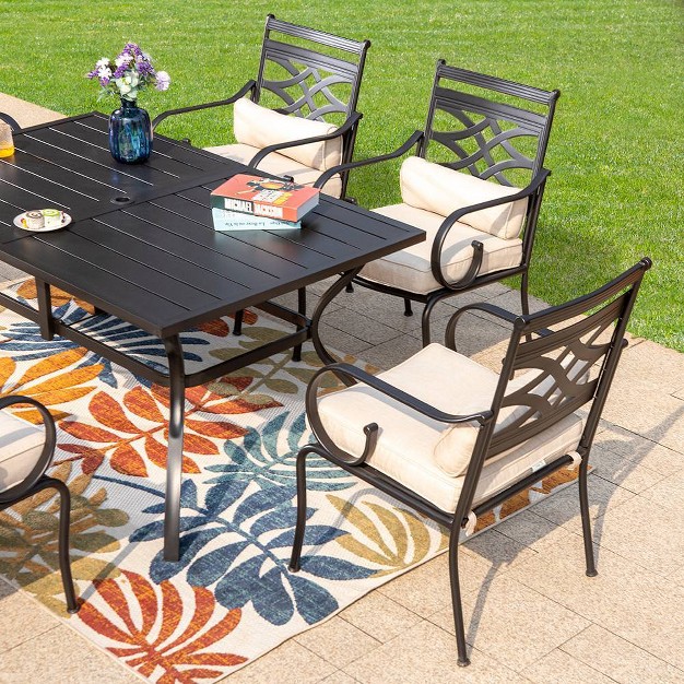 7pc Outdoor Dining Set With Chairs With Seat amp Back Cushions amp Metal Table With Umbrella Hole