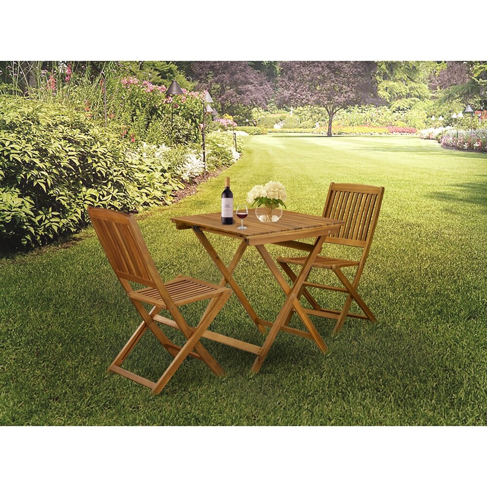 East West Furniture 3 Piece Wood Folding Table Set  a Outdoor Acacia Wood Coffee Table and 2 Folding Side Chairs  Natural Oil