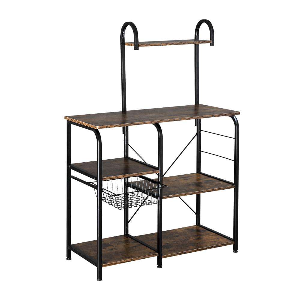 Ktaxon 5-Tier Bakers Rack， Kitchen Utility Microwave Oven Stand with Storage Shelves，10 Hooks and Metal Basket， Vintage Brown