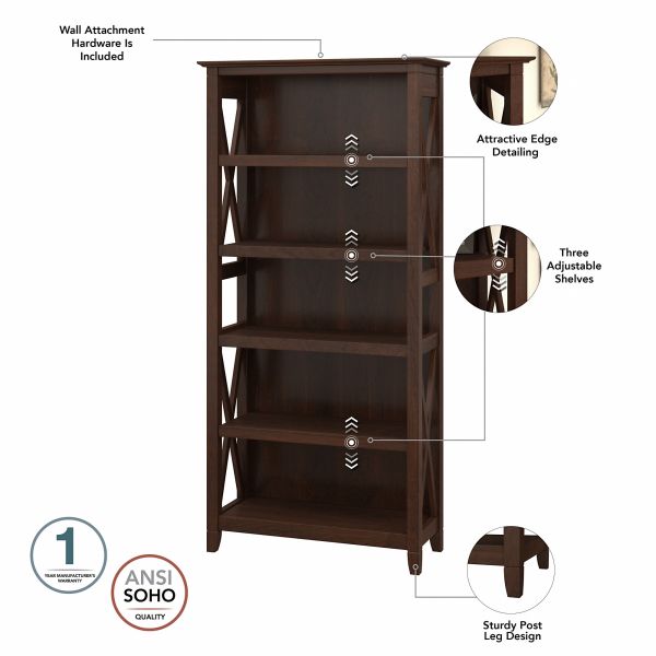 Bush Furniture Key West 5 Shelf Bookcase Set in Bing Cherry