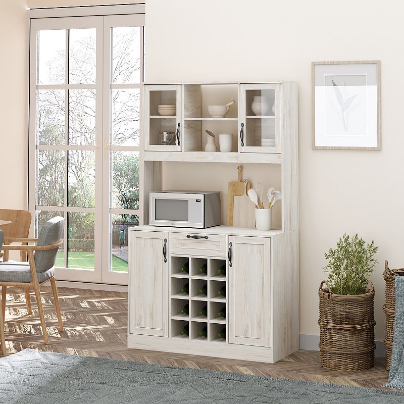 HOMCOM Kitchen Buffet with Hutch Cupboard with Utility Drawer 4 Door Cabinets  and Optional 12 Bottle Wine Storage White